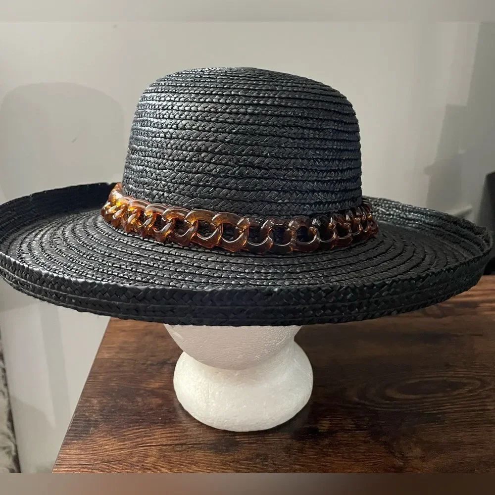 Vintage Straw Hat With Plastic Chain Hat Band Black